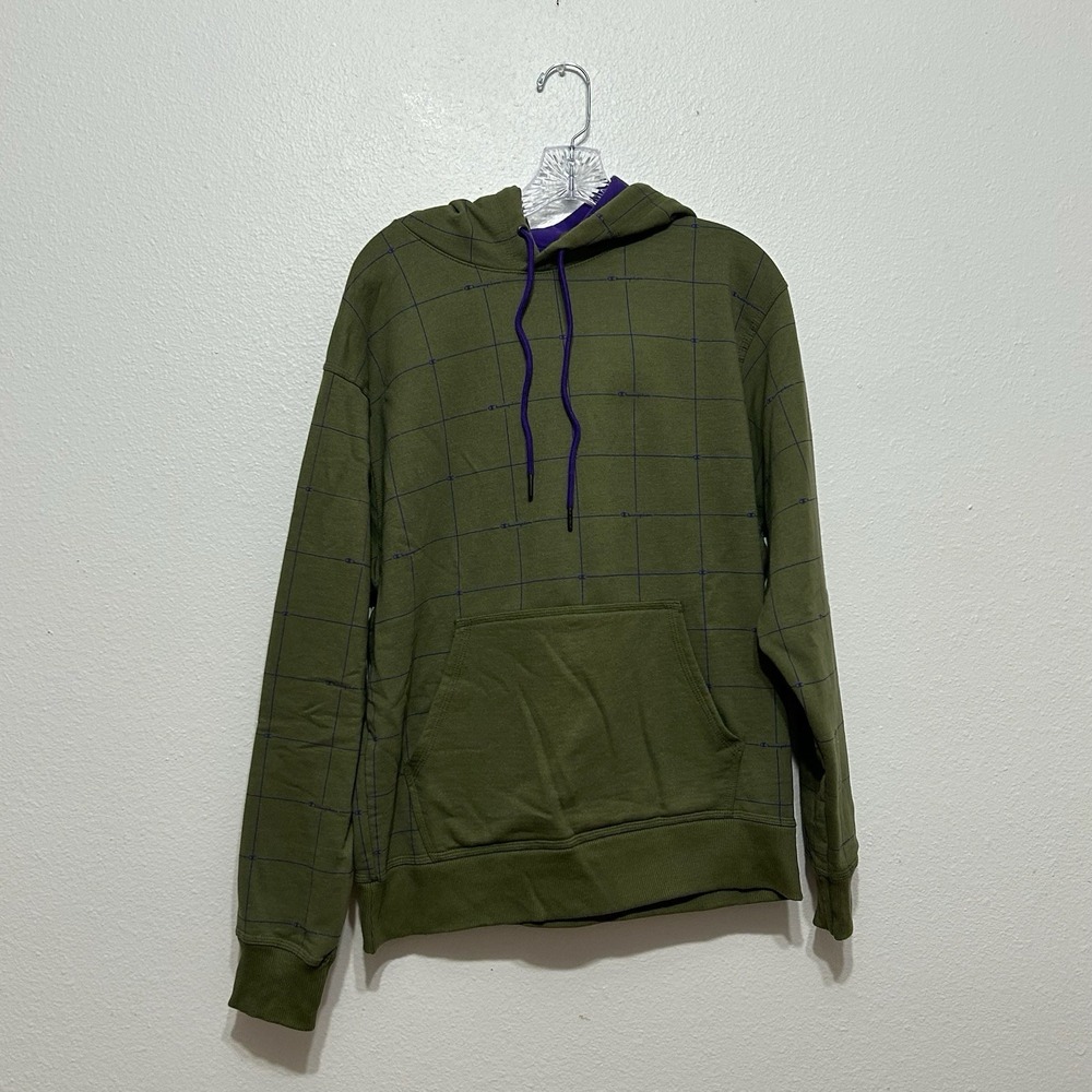Champion Green and Purple Plaid Power Blend Hoodie Pullover Mens Size M Grunge